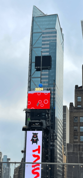 The Times Square New Year's Ball sitting atop a skyscraper.