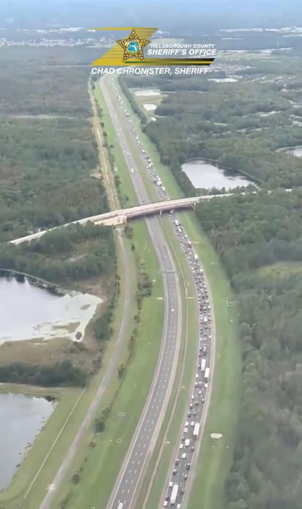 A highway packed with cars due to evacuation panic in Florida ahead of Hurricane Milton