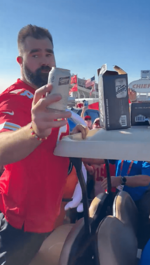 Jason Kelce passes out beers on the back of a golf cart ahead of the Chiefs Week 5 matchup against the Saints. 