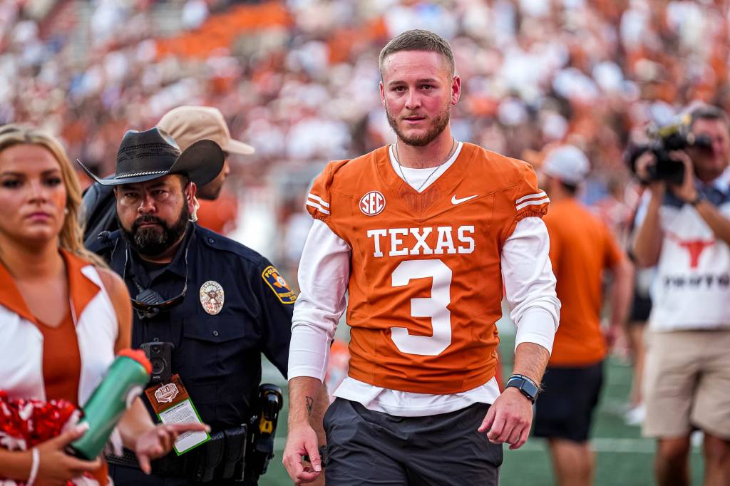 Texas Longhorns quarterback Quinn Ewers (3) leaves the field after the 35-13 win over Mississippi State at Darrell K Royal-Texas Memorial Stadium in Austin Saturday, Sept. 28, 2024.