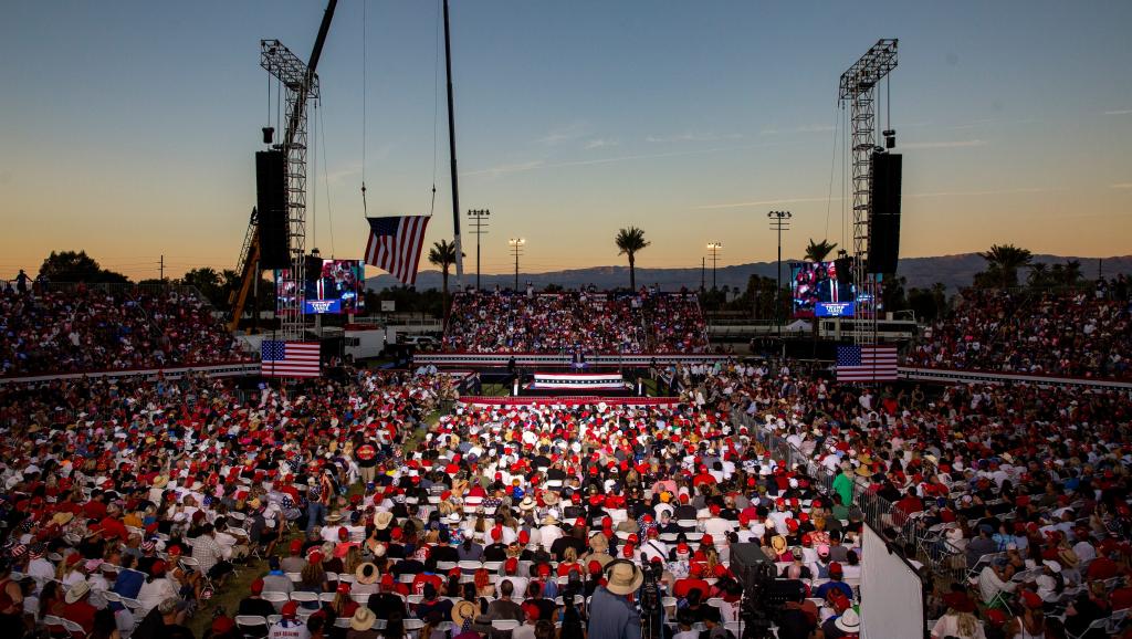 Trump speaks during a campaign rally near Coachella, Calif., Saturday, Oct. 12, 2024.