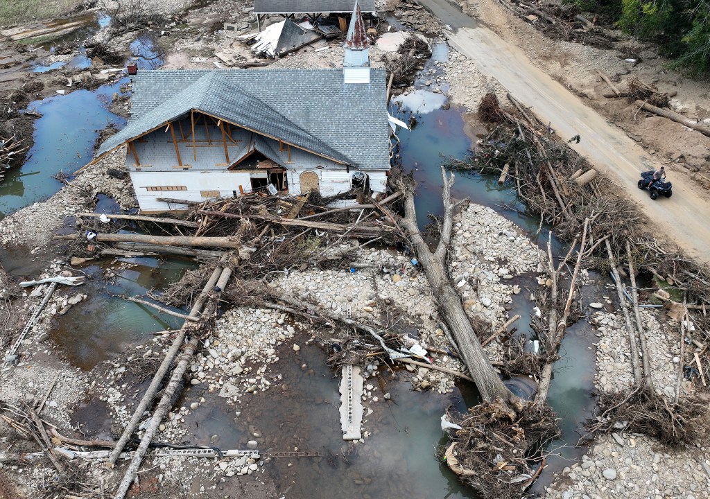 A destroyed church seen in Swannanoa, North Carolina on Oct. 6, 2024 after the area was hit by Helene.