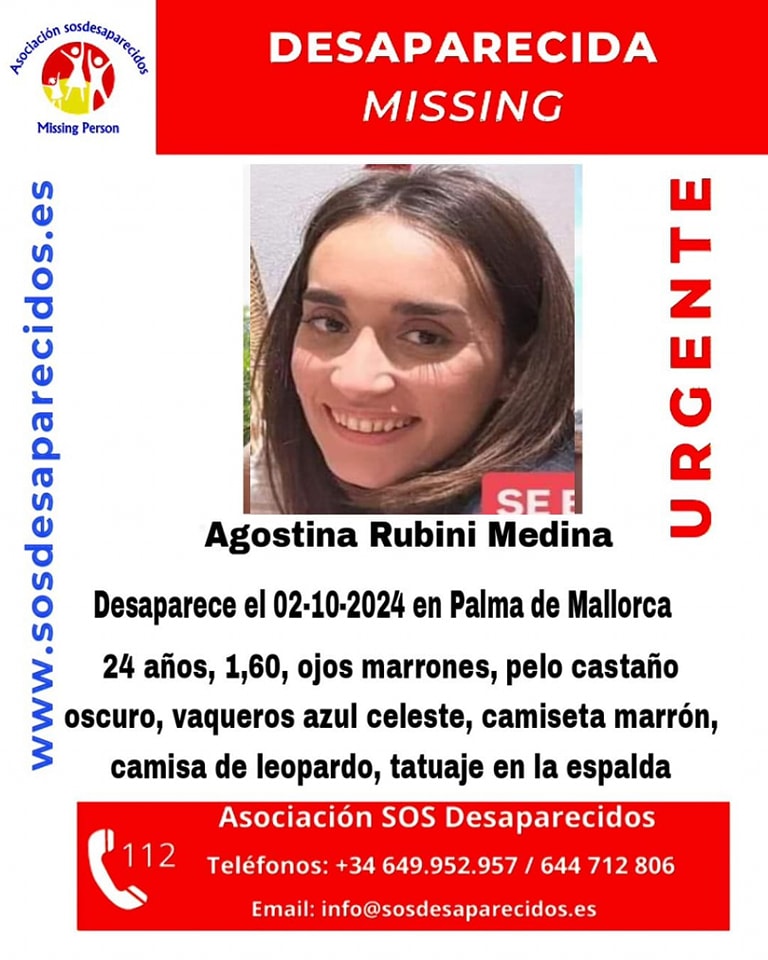 A search poster for Agostina Rubini Medina, who had been missing for two weeks before police determined a possible cause-of-death.