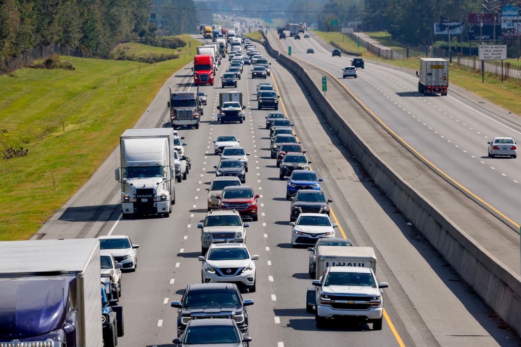 Traffic on Interstate 75 in Valdosta, Georgia caused by people evacuating Florida ahead of Milton's arrival on Oct. 8, 2024.