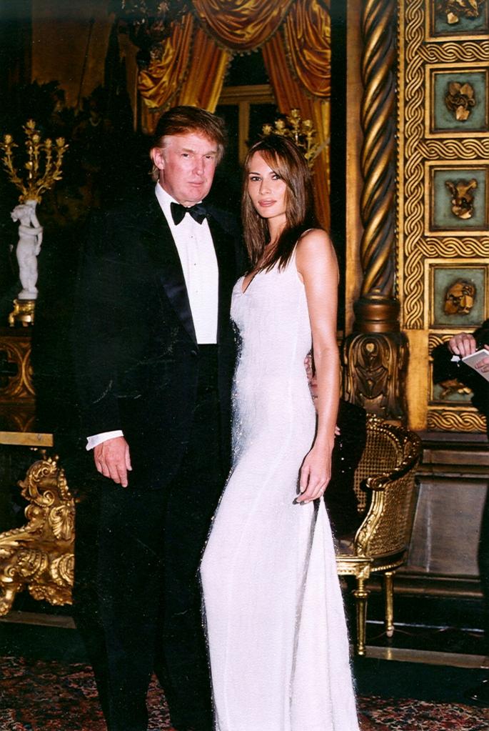 Donald Trump and Melania Knauss posing together at the Mar-a-Lago estate in Palm Beach, Florida, in 1999