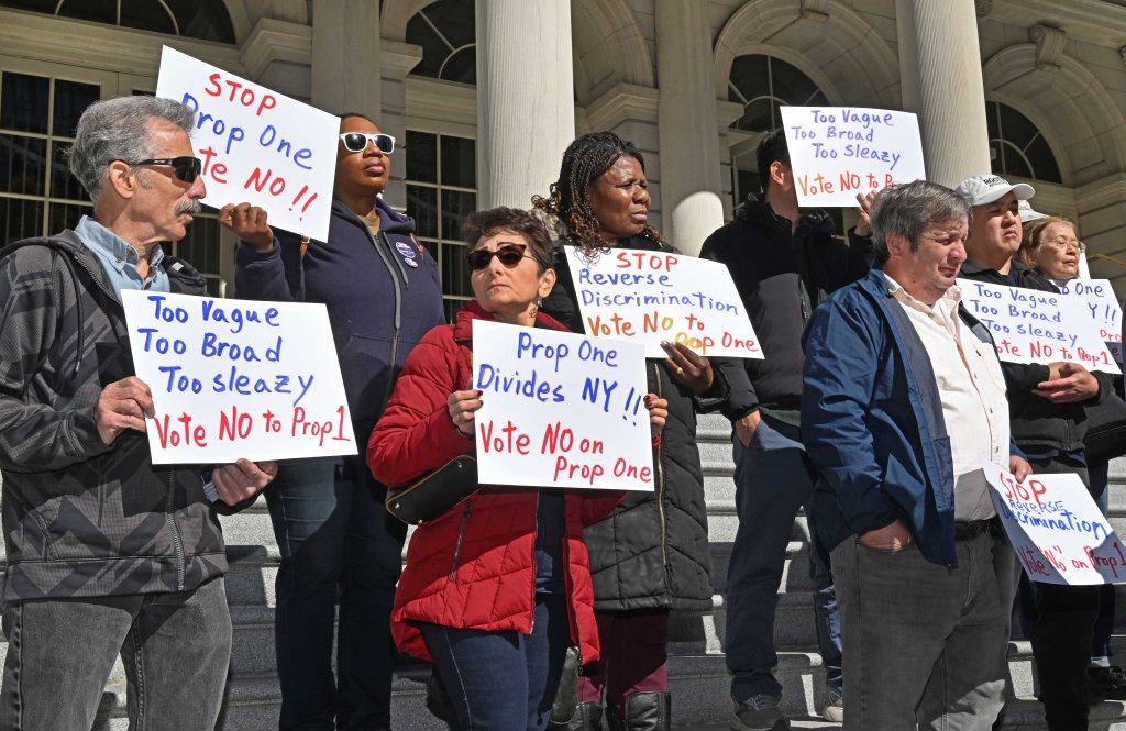 Approximately 20 people gathered on the steps of City Hall to protest Proposal #1, which will be on the ballot on November 5, 2024.