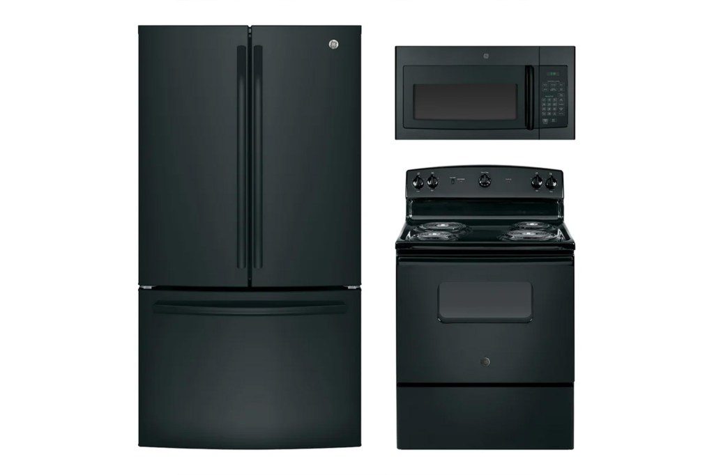 Black kitchen appliances including a microwave oven and stove