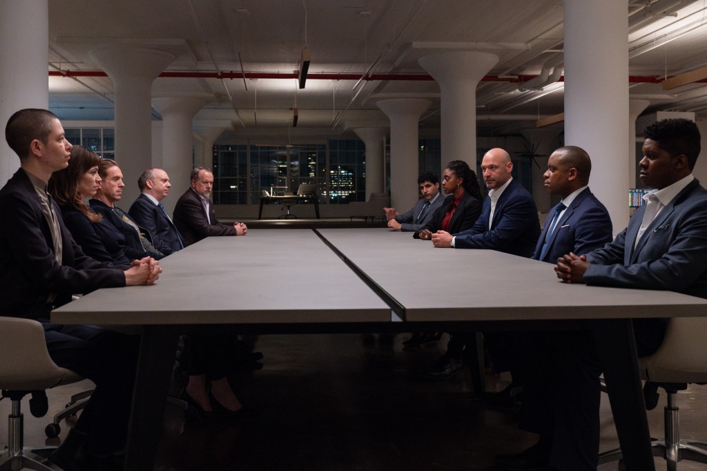 "Billions" from left: Asia Kate Dillon, Maggie Siff, Damian Lewis, Paul Giamatti, David Costabile, Babak Tafti, Dola Rashad, Corey Stoll, Daniel Breaker, Toney Goins.