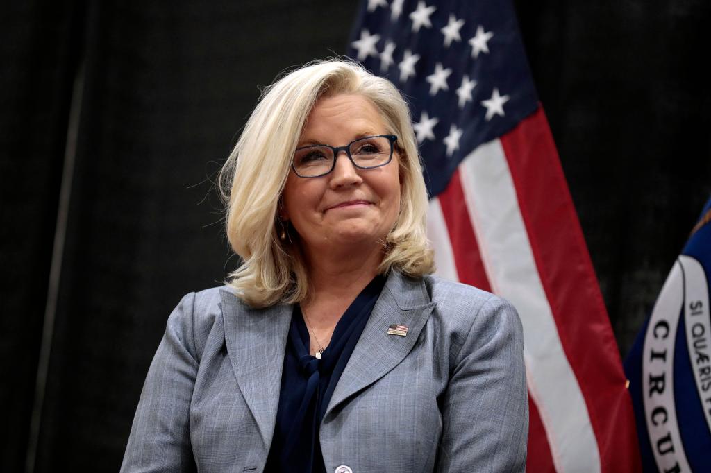 Representative Liz Cheney (R-WY) attends a campaign event in support of the re-election bid of US Representative Elissa Slotkin (out of frame) (D-MI) during "An Evening for Patriotism and Bipartisanship" campaign event at East Lansing High School in Lansing, Michigan, on November 1, 2022.