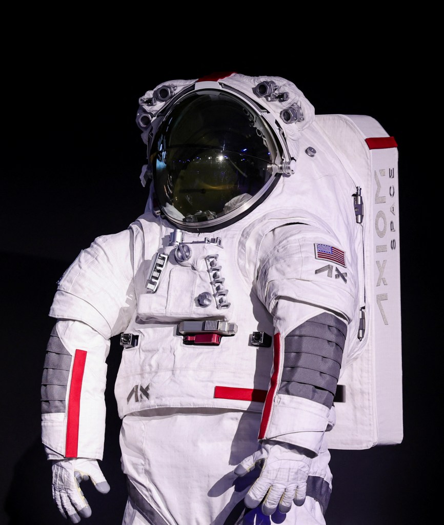 Prada and Axiom Space's newly designed spacesuit for the Artemis III lunar mission, showcased in Milan, Italy, featuring cutting-edge technology for enhanced comfort and performance