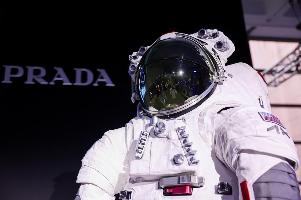 Prada and Axiom Space presenting a white astronaut suit designed for the Artemis III lunar mission in Milan, Italy, October 16, 2024