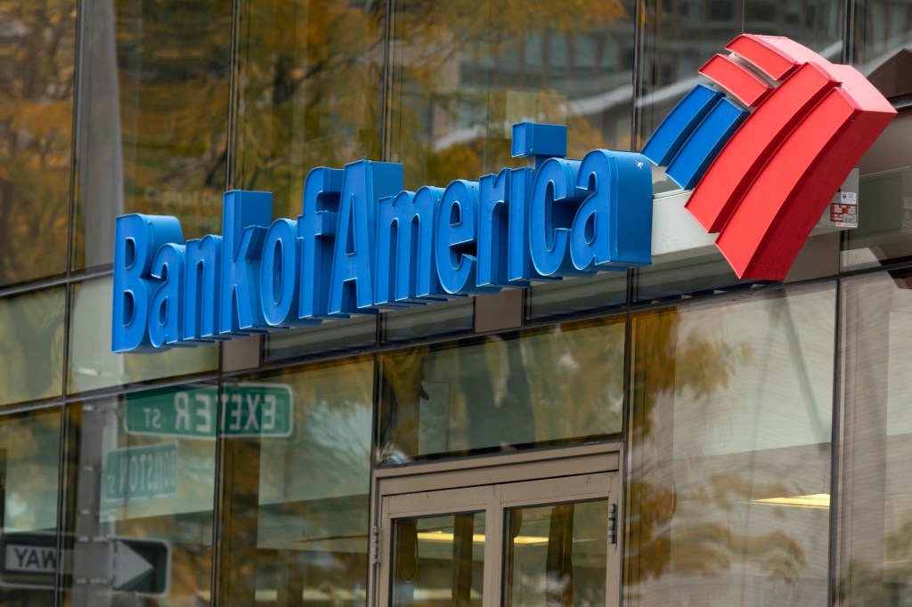 Bank of America logo outside bank.