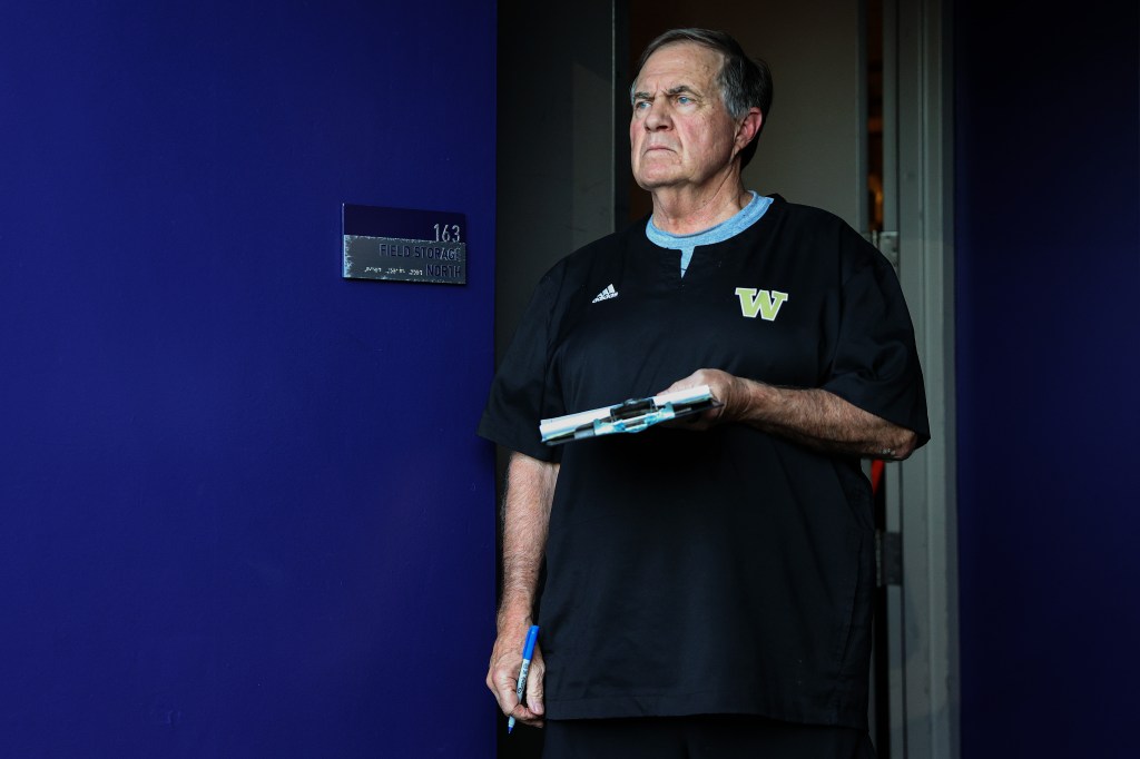 Bill Belichick looks on during the game between the Washington Huskies and the Michigan Wolverines at Husky Stadium on October 5, 2024 in Seattle, Washington.  