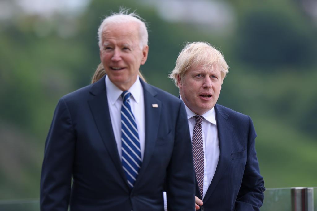 British Prime Minister Boris Johnson (R) and US President Joe Biden during their bilateral meeting in Carbis Bay, Britain, 10 June 2021 