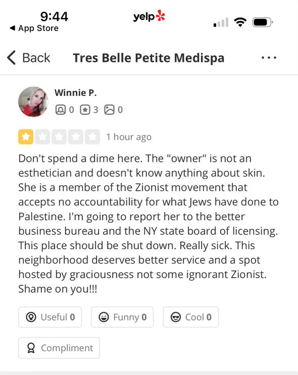 Yelp review of spa