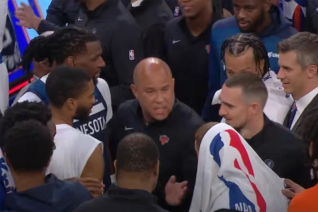 Timberwolves guard Donte DiVincenzo and Knicks assistant Rick Brunson had a tense exchange after New York's win over Minnesota in a preseason game at Madison Square Garden on Oct. 13, 2024. 