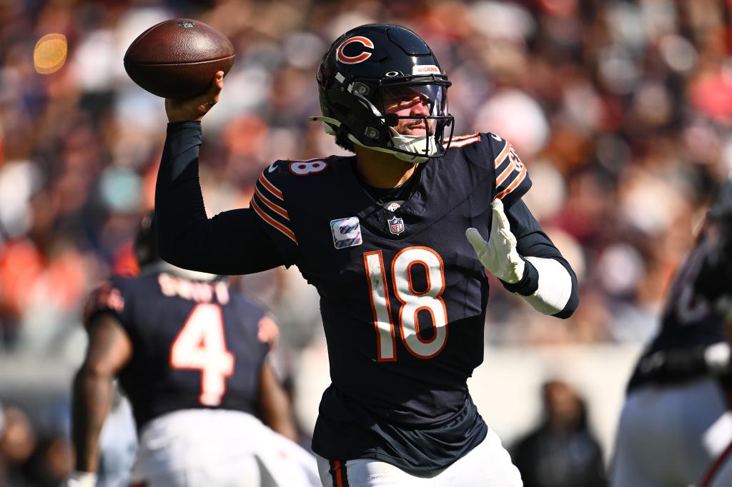 Caleb Williams #18 of the Chicago Bears throws a pass against the Carolina Panthers