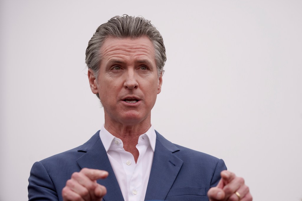 California Governor Gavin Newsom speaking at a press conference about oil well laws in Los Angeles, September 25, 2024