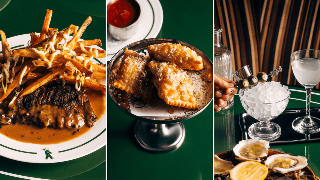 A photo of disco fries, pizza rolls, and a martini.