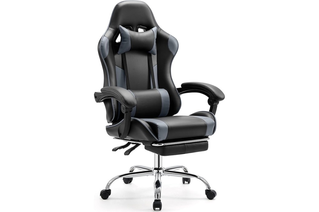 A black and grey office chair.