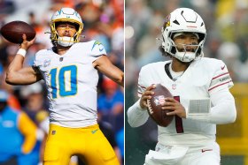 Kyler Murray and Justin Herbert, two football players in uniform during the Chargers-Cardinals Monday Night Football game