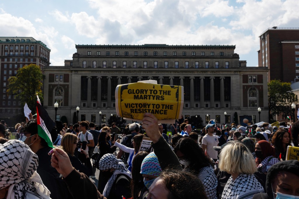 Students at Columbia University held a pro-Palestine protest on Monday on the anniversary of Oct. 7 terrorist attack. 