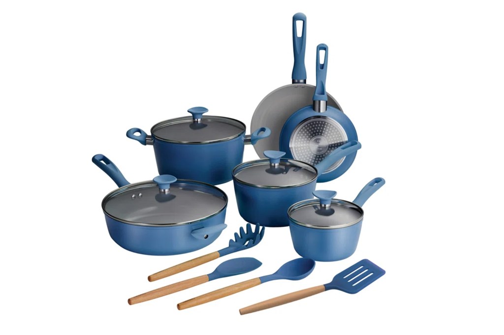 A group of blue pots and pans