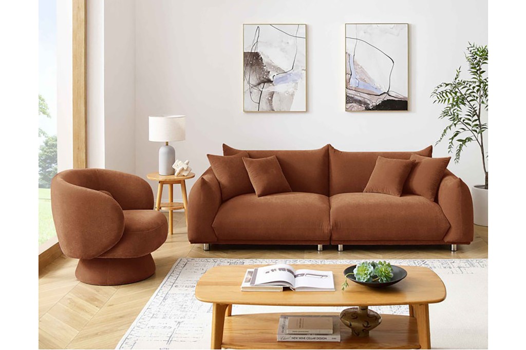 A living room with a couch and a coffee table