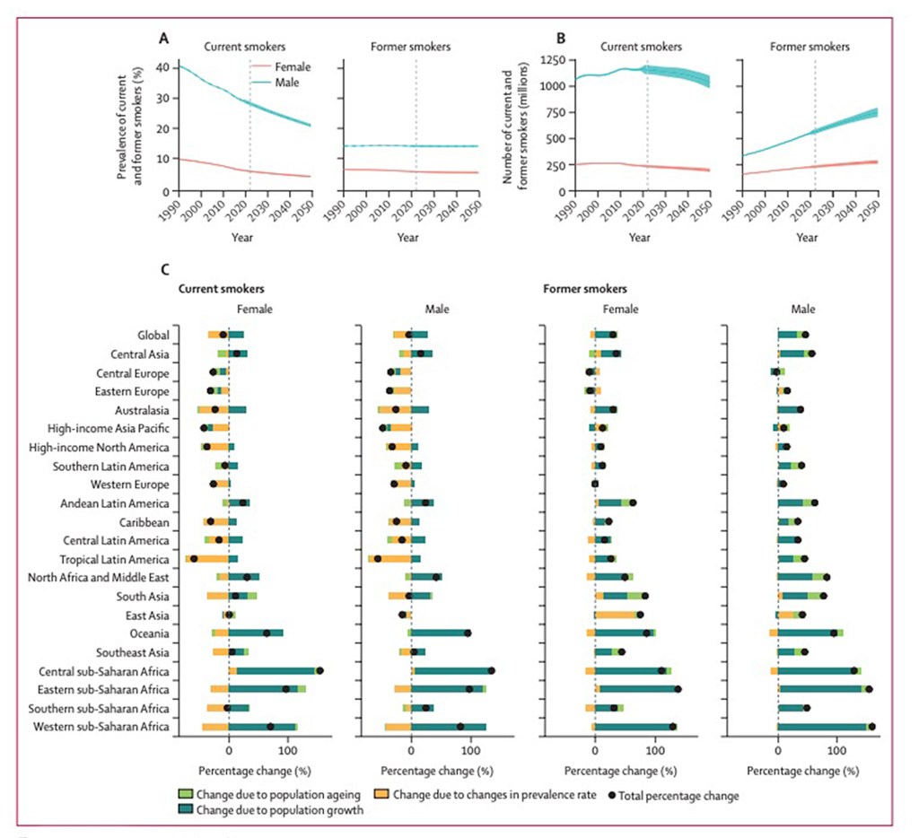 This graphic in The Lancet Public Health shows current smoking prevalence and forecasted change from 2023 to 2050 due to factors such as population aging and population growth.
