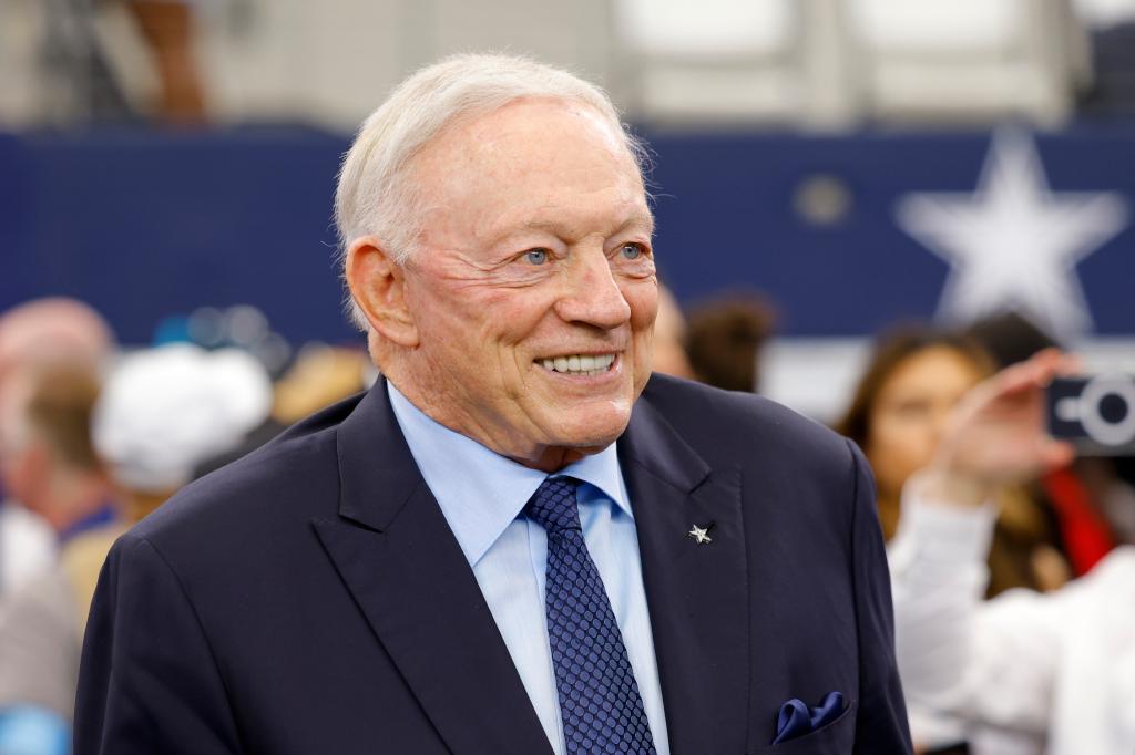 Dallas Cowboys team owner Jerry Jones stands on the field during warmups before an NFL football game against the Detroit Lions in Arlington, Texas, Sunday, Oct. 13, 2024. 