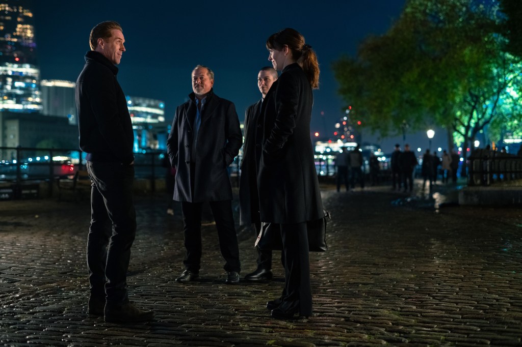 Damian Lewis, David Costabile, Asia Kate Dillon, Maggie Siff in the Showtime series "Billions."