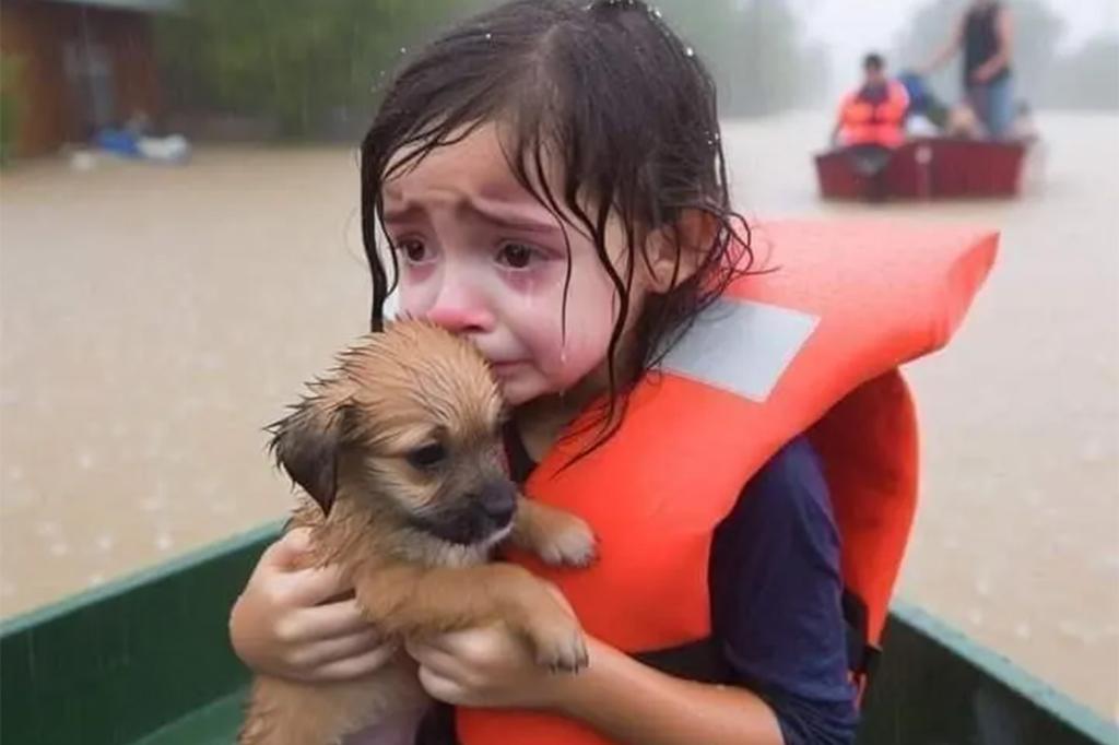 A deepfake image of a distressed girl in a life jacket holding a puppy, inaccurately depicted in floodwaters from Hurricane Helene