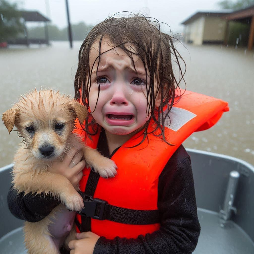 Deepfake image of a distressed child with an extra finger holding a differently represented puppy in varying boats amidst floodwaters