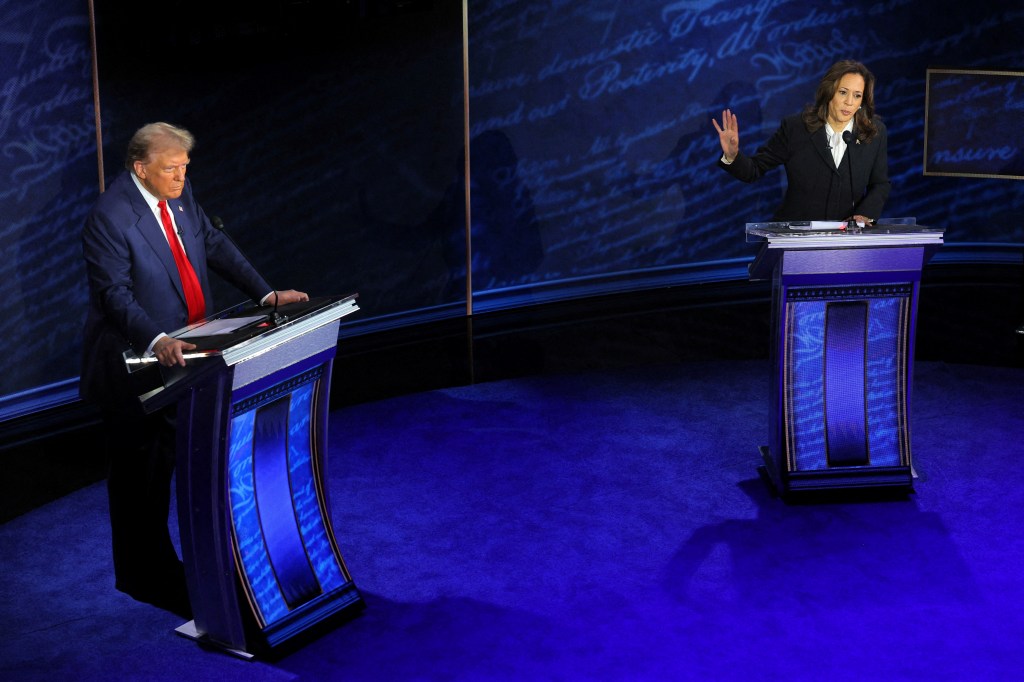 Donald Trump and Kamala Harris on  stage during the presidential debate.