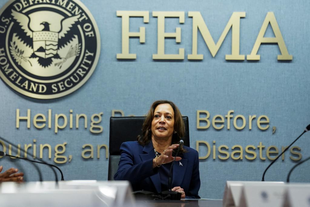 U.S. Vice President Kamala Harris conducting a briefing on the damage from Hurricane Helene in North Carolina at FEMA headquarters