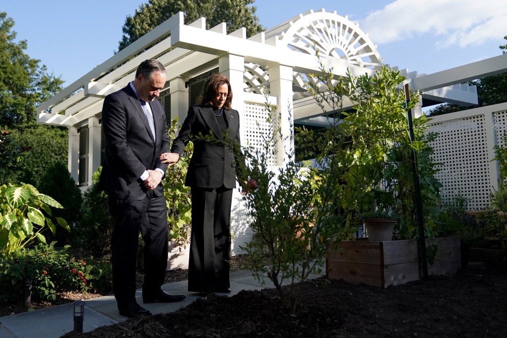 Vice President Kamala Harris and Second Gentleman Doug Emhoff planting a tree at the U.S. Naval Observatory to commemorate the Oct. 7 Hamas attacks on Israel