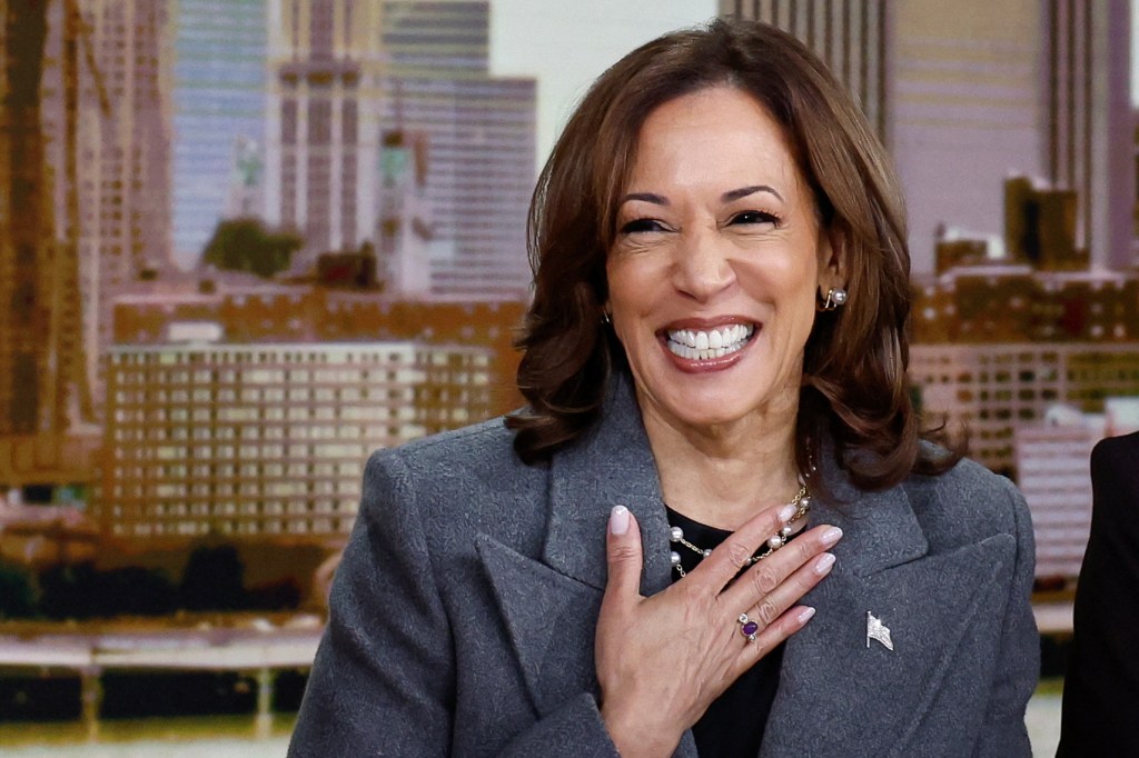 Democratic presidential nominee and U.S. Vice President Kamala Harris reacts, as she appears on ABC's "The View" in New York, U.S., October 8, 2024.