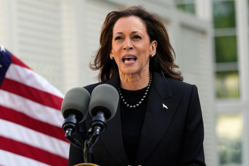 Vice President Kamala Harris speaking at a memorial tree planting ceremony on the grounds of her residence in Washington.