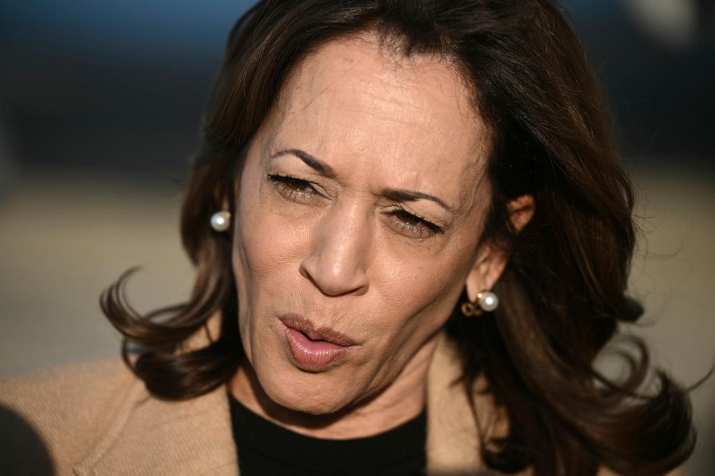 Vice President Kamala Harris speaking to the press before boarding Air Force Two for a campaign event in North Carolina, 2024