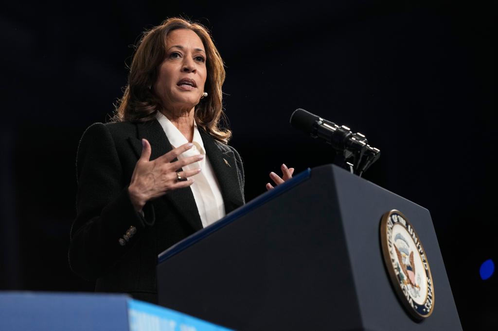 Democratic presidential nominee Vice President Kamala Harris speaks at a campaign rally at East Carolina University in Greenville, N.C., Sunday, Oct. 12, 2024.