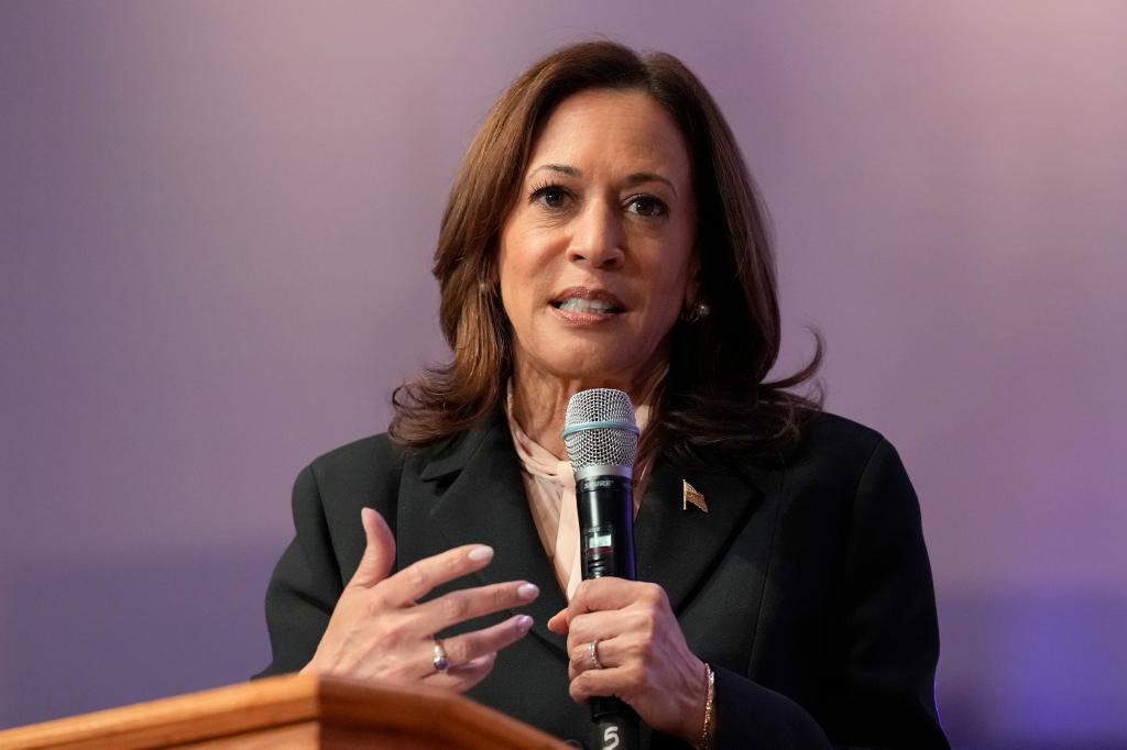 Democratic presidential nominee Vice President Kamala Harris speaks during a church service and early vote event at Divine Faith Ministries International, Sunday, Oct. 20, 2024, in Jonesboro, Ga.