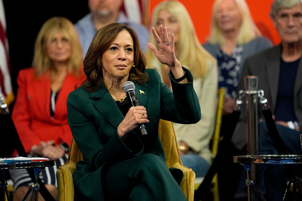 Democratic presidential nominee Vice President Kamala Harris speaks during a town hall at The People's Light in Malvern, Pa., Monday, Oct. 21, 2024.