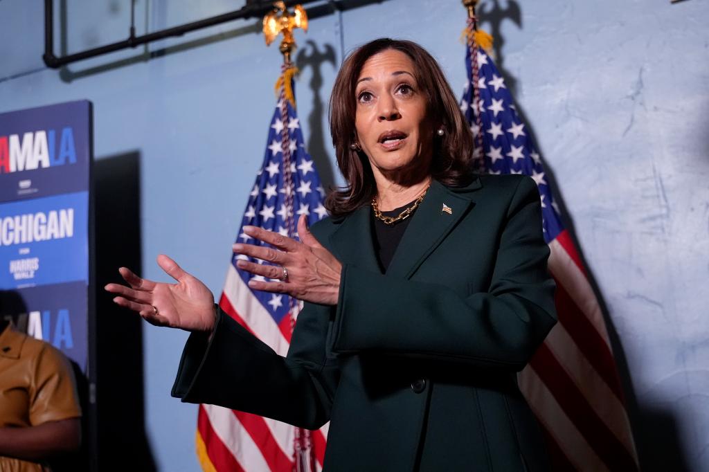 Kamala Harris standing in front of the US flag.