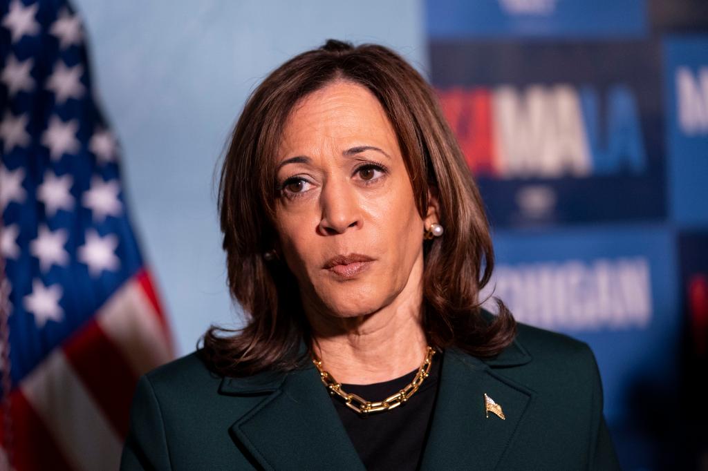 Democratic presidential nominee, Vice President Kamala Harris, answers questions from the press before a town hall with former U.S. Rep. Liz Cheney (R-WY) at the Royal Oak Music Theatre on October 21, 2024 in Royal Oak, Michigan. 