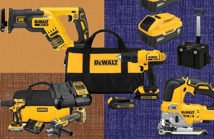 A group of yellow and black DeWalt power tools