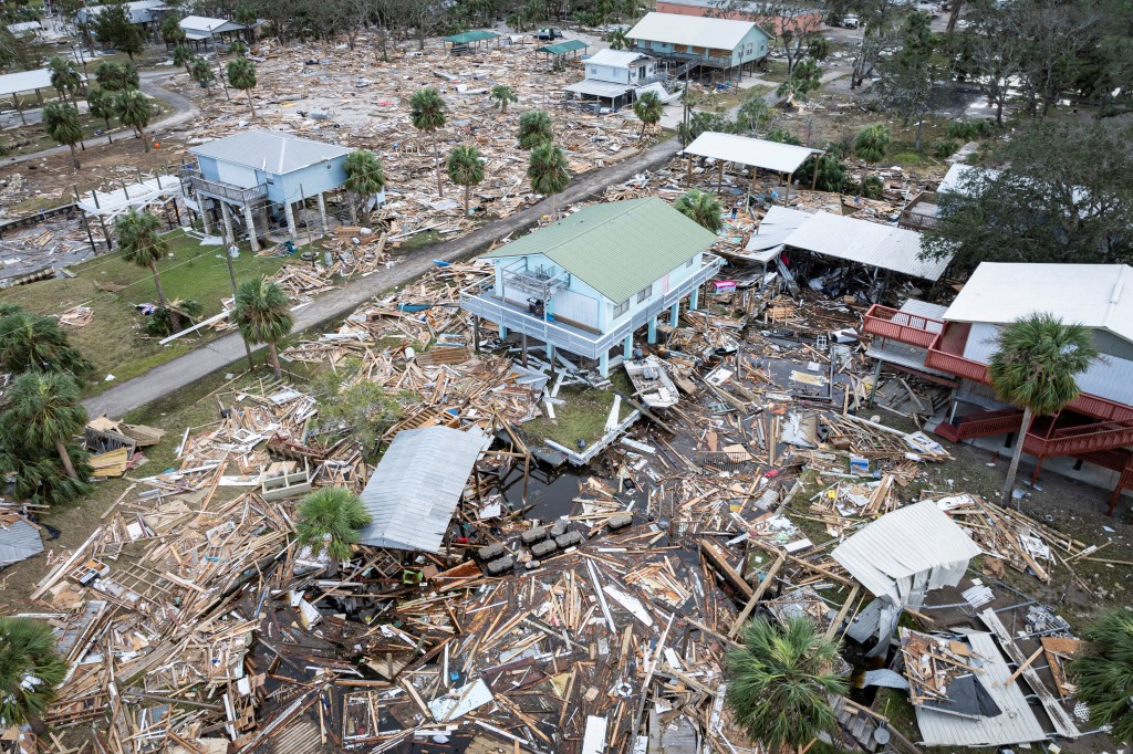 A drone view shows a flooded and damaged area following Hurricane Helene in Horseshoe Beach, Florida, U.S., September 28, 2024.  