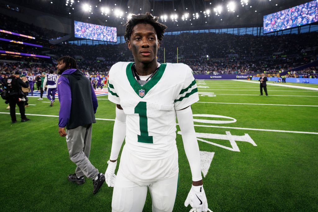 Sauce Gardner of New York Jets in football uniform at Tottenham Hotspur Stadium, after NFL match against Minnesota Vikings, October 6, 2024