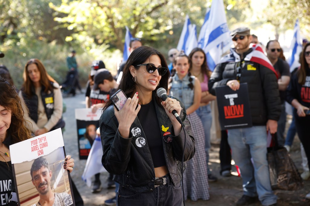 Alana Zeitchik, who had six of her relatives kidnapped on October 7, spoke in Central Park on Sunday