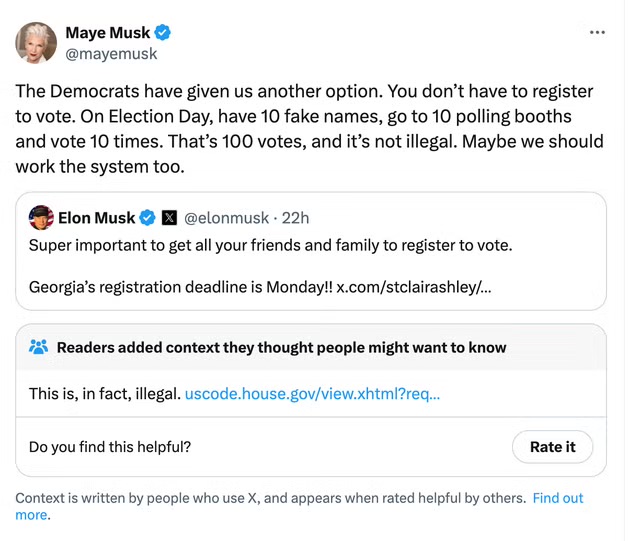 Maye Musk tweet about voting with 10 fake names