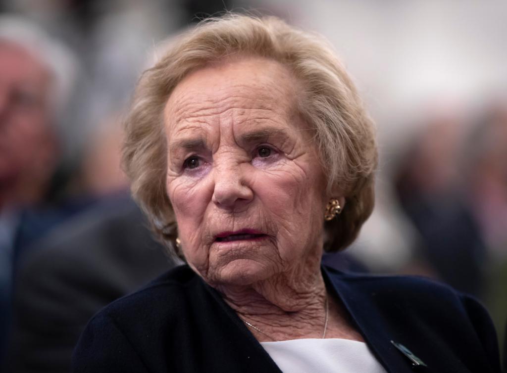 Ethel Kennedy, widow of Senator Robert F. Kennedy, watching a video about her late husband during the Robert F. Kennedy Human Rights awards ceremony